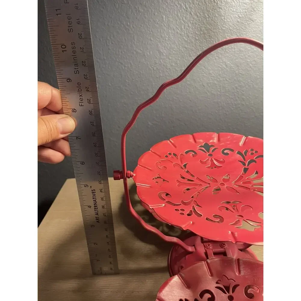 Vintage Style 3 Tier Folding Metal Serving Tray RED Clamshell Beautiful Lace